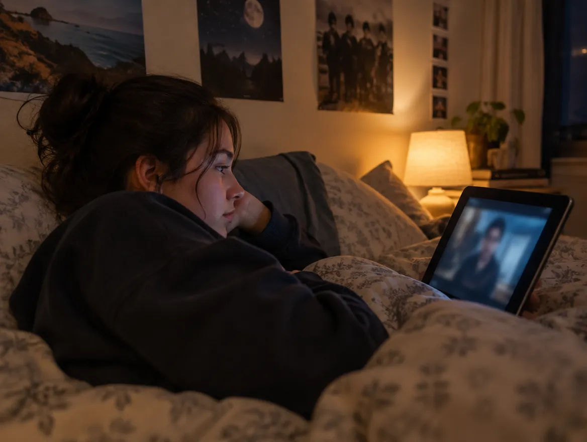 Un ado regarde une série sur sa tablette dans sa chambre