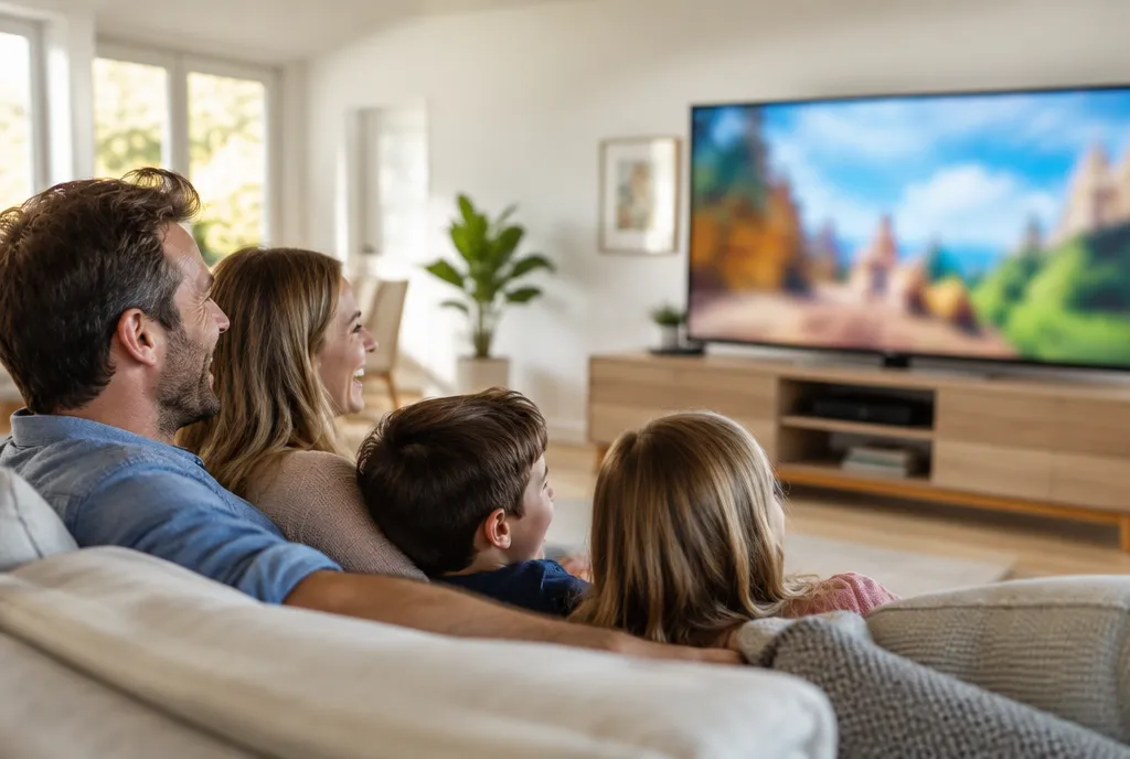Famille devant Orca TV, chaînes, sport et films sur le même écran