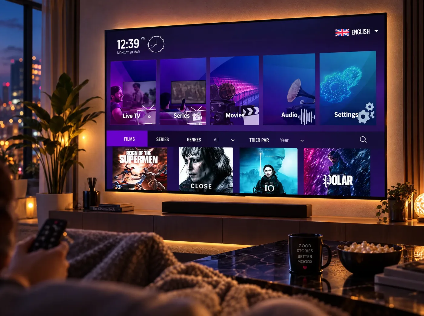 Salon cosy le soir : une télé affiche l'application Orca Pro Max avec Live TV, Séries, Films et Audio