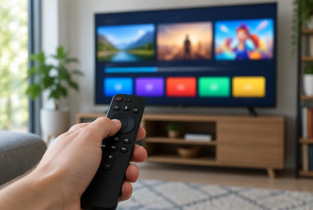 Une télécommande pointée vers une télé qui affiche l'accueil Orca