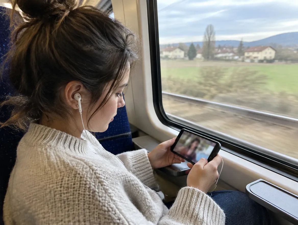 Une jeune femme regarde une série dans le train