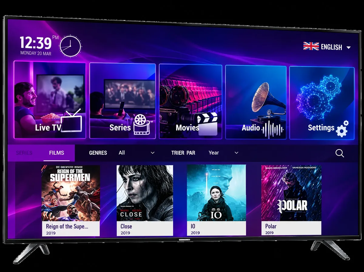 Accueil de l'application Orca Pro Max sur une télé : Live TV, Séries, Films, Audio et Réglages